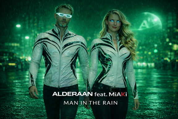 ALDERAAN feat. MiAKi Man In The Rain Cover mit beiden Figuren in weiß-silbernen futuristischen Outfits vor grüner nächtlicher Regenkulisse
