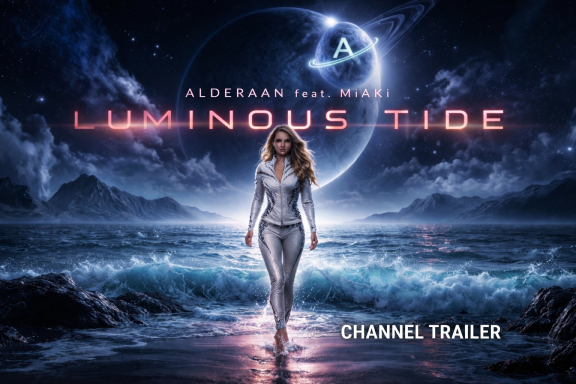ALDERAAN feat. MiAKi Luminous Tide Channel Trailer Cover mit MiAKi am nächtlichen Ozean und ALDERAAN-Planetlogo