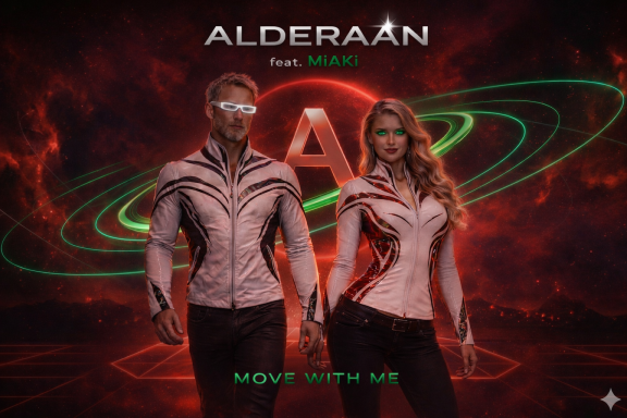 ALDERAAN feat. MiAKi Move With Me Cover mit beiden Figuren in weiß-silbernen Outfits vor rubinroter kosmischer Kulisse und grünen Orbitalrin